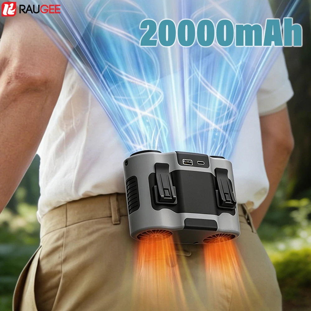 Waist Fan 20000mAh Portable Hanging Neck Fan Rechargeable Waist Clip Fan with Power Bank Dual Airflow Outlet Outdoor Waist Fan