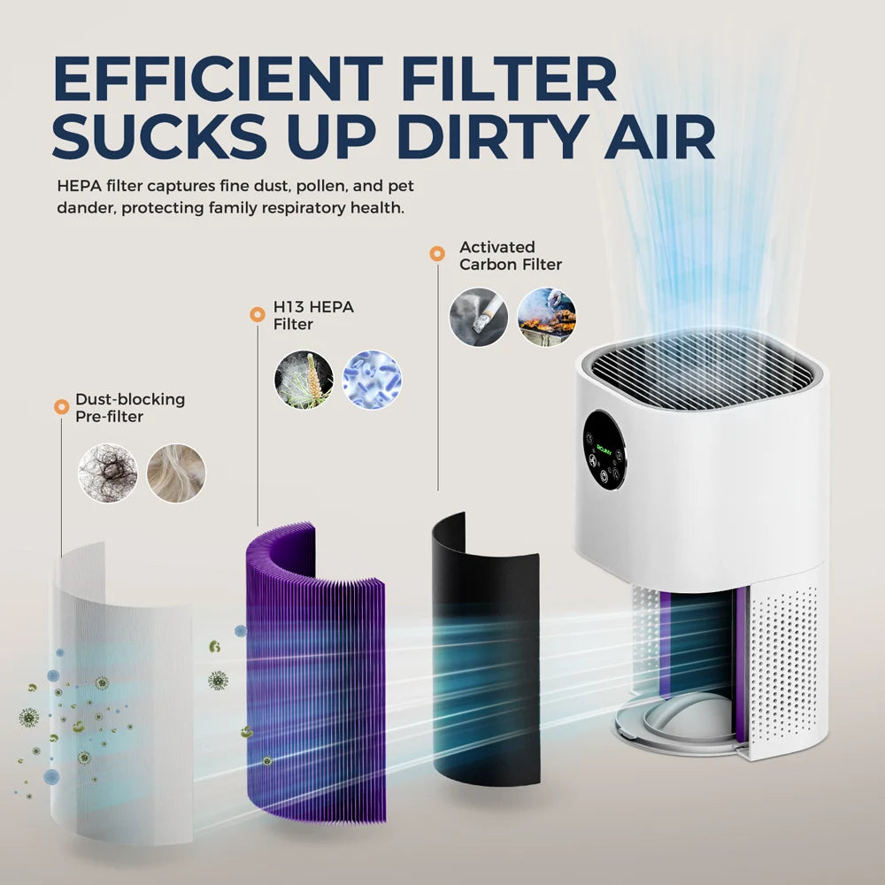 2-in-1 Air Purifier with Humidifier Combo for Home Allergies and Pets Hair, Smokers in Bedroom, H13 True HEPA Filter