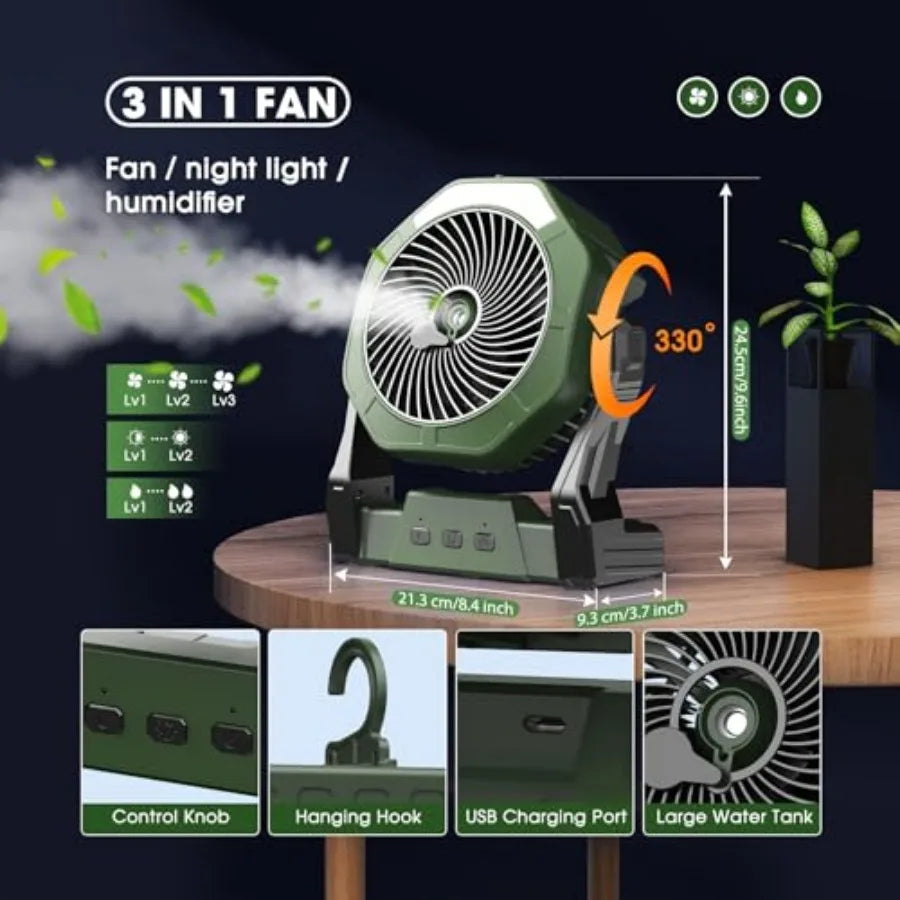 10W Solar Fan with Mister, Misting Camping Fan with Solar Panel, Portable Outdoor Fans, 8 Inch Battery Operated Rechargeable Co
