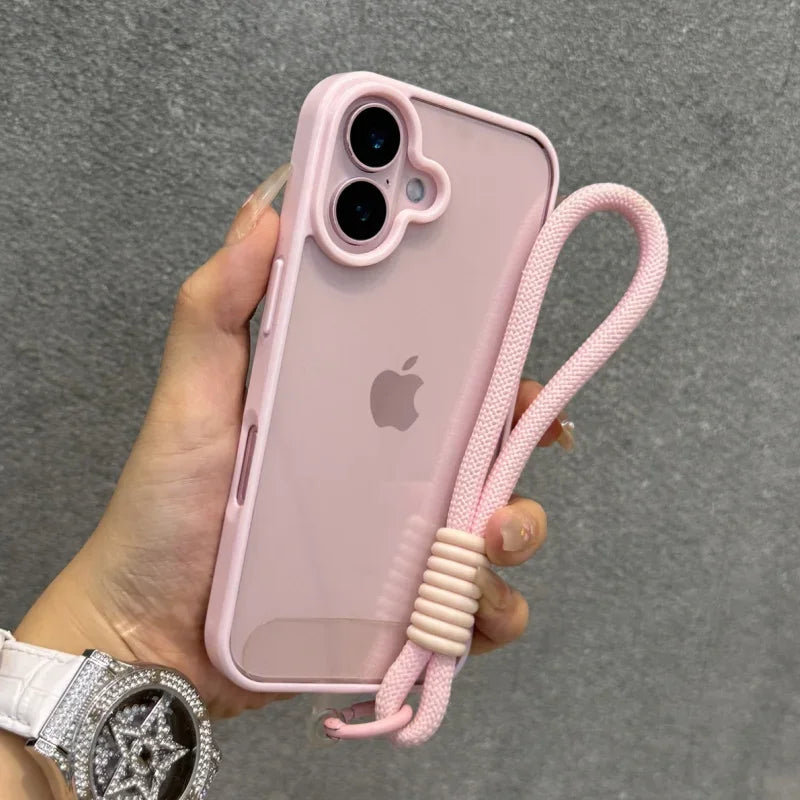 Candy Color Bumper With Lanyard Phone Case For iPhone 17 16 15 14 13 12 11 Pro Max Plus Clear Acrylic Shockproof Cover
