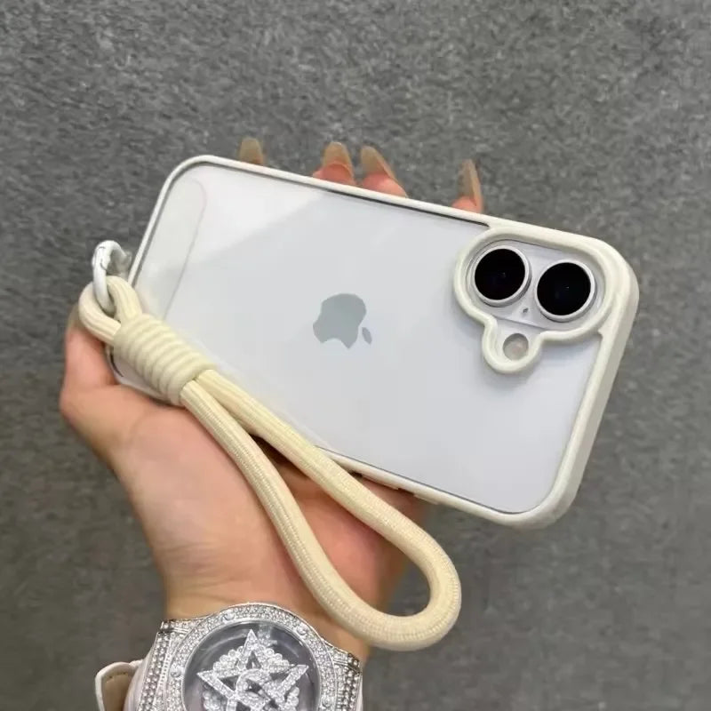 Candy Color Bumper With Lanyard Phone Case For iPhone 17 16 15 14 13 12 11 Pro Max Plus Clear Acrylic Shockproof Cover