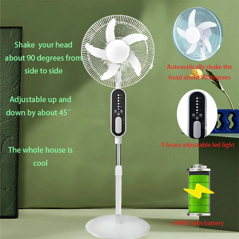 16 inch 14400mAh rechargeable battery solar rechargeable fan with solar panel, 2 bulbs, remote control function, 9 wind speeds