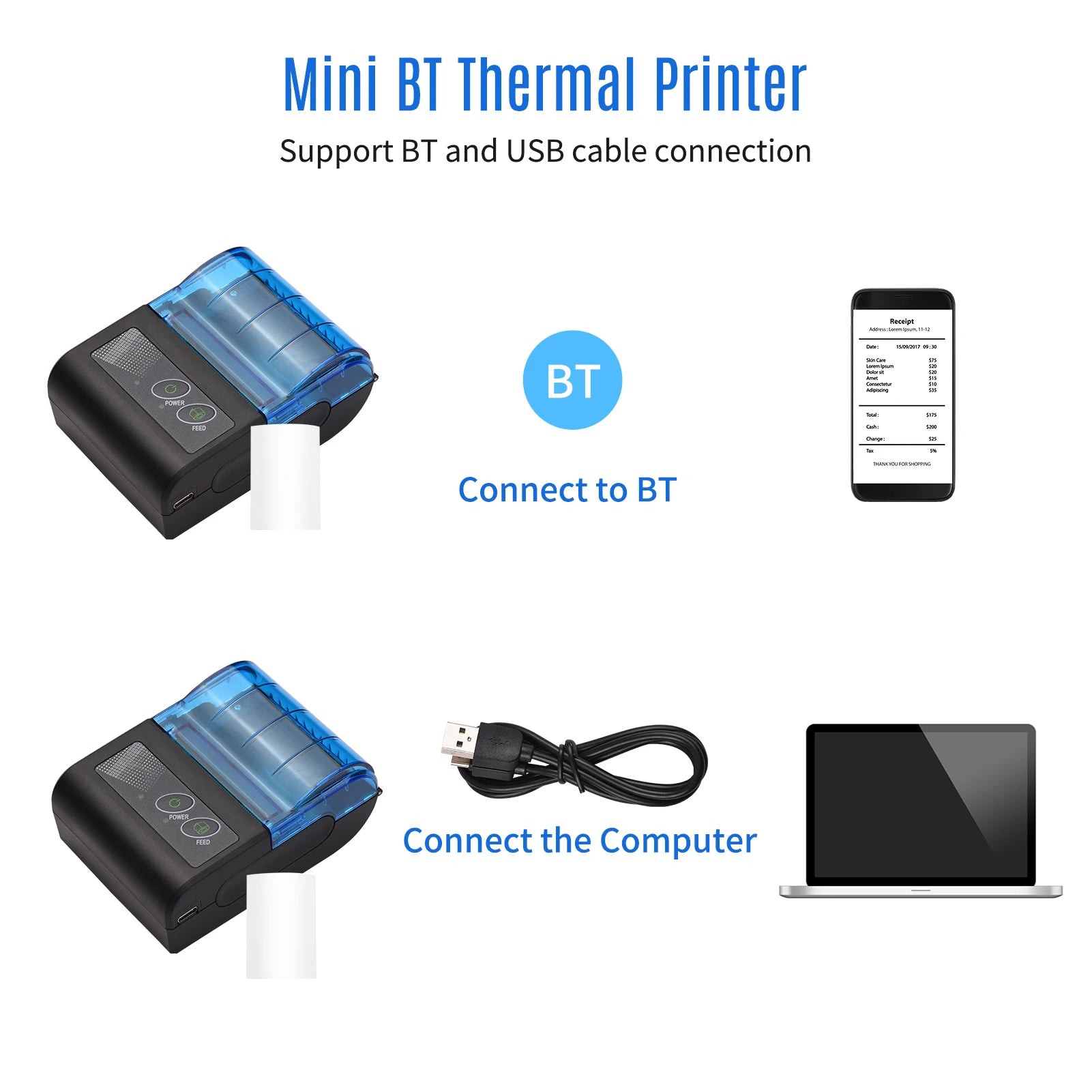 Bisofice Portable Mini Thermal Printer 2 Inch Wireless USB Receipt Bill Ticket Printer with 58mm Print Paper  for Restaurant