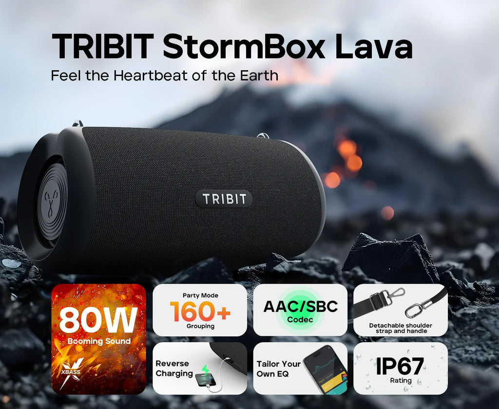TRIBIT StormBox Lava 80W Portable Bluetooth Speaker Built-in Powerbank, APP Control, IP67 Waterproof for Outdoor, Camping, Party