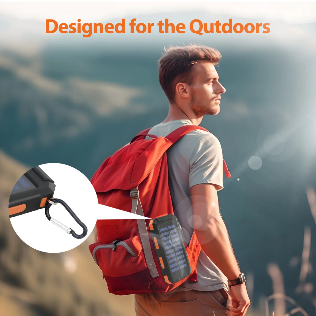 20000mAh Solar Charger Waterproof Portable Solar Power Bank Dual 5V USB Ports 2 LED Flashlight Compass for Outdoor Camping Hik