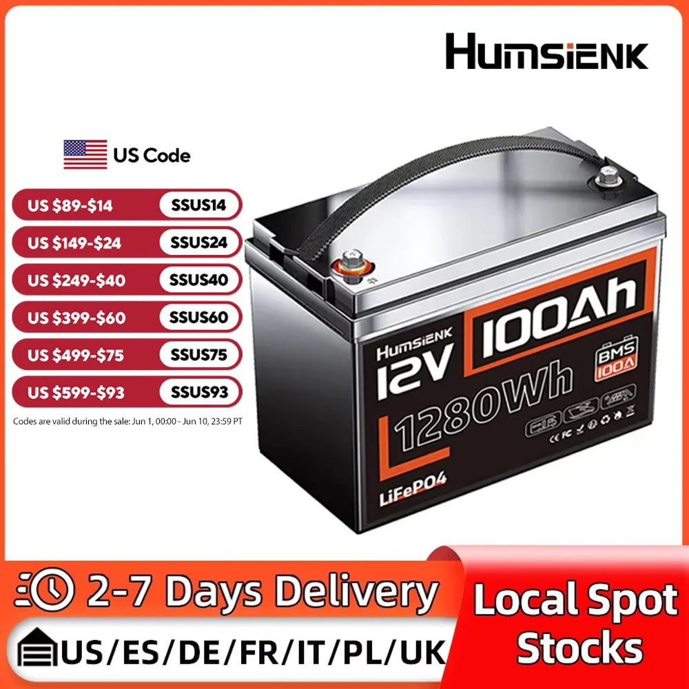Humsienk 12V 100Ah Built-in 100A BMS Lithium Iron Phosphate Battery Packs For RV/ Vans/ Trolling Motor/Golf Cart/Camping/UL 1973
