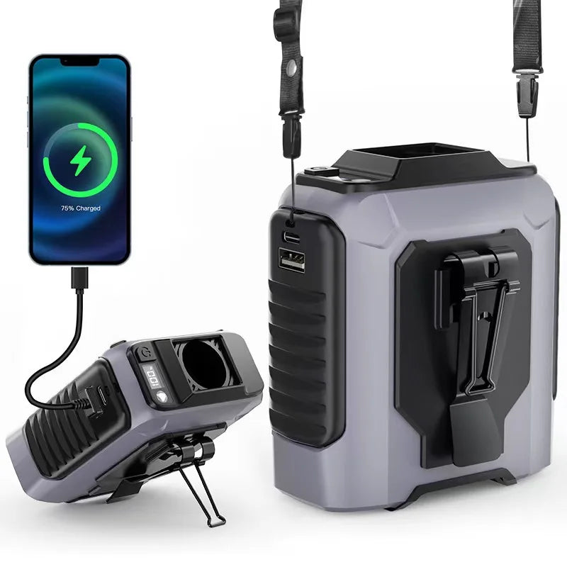 2026 New Portable Waist Fan with Power Bank LED Lighting Hanging Neck Fan 5 Speed Strong Airflow Cooling Fan for Outdoor Working