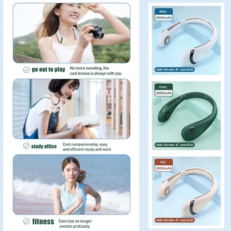 USB Rechargeable 5000mAh Foldable Bladeless Neck Fan 3 Speeds 360° Cooling Wearable Hand-free Neck Fan for Travel Office School