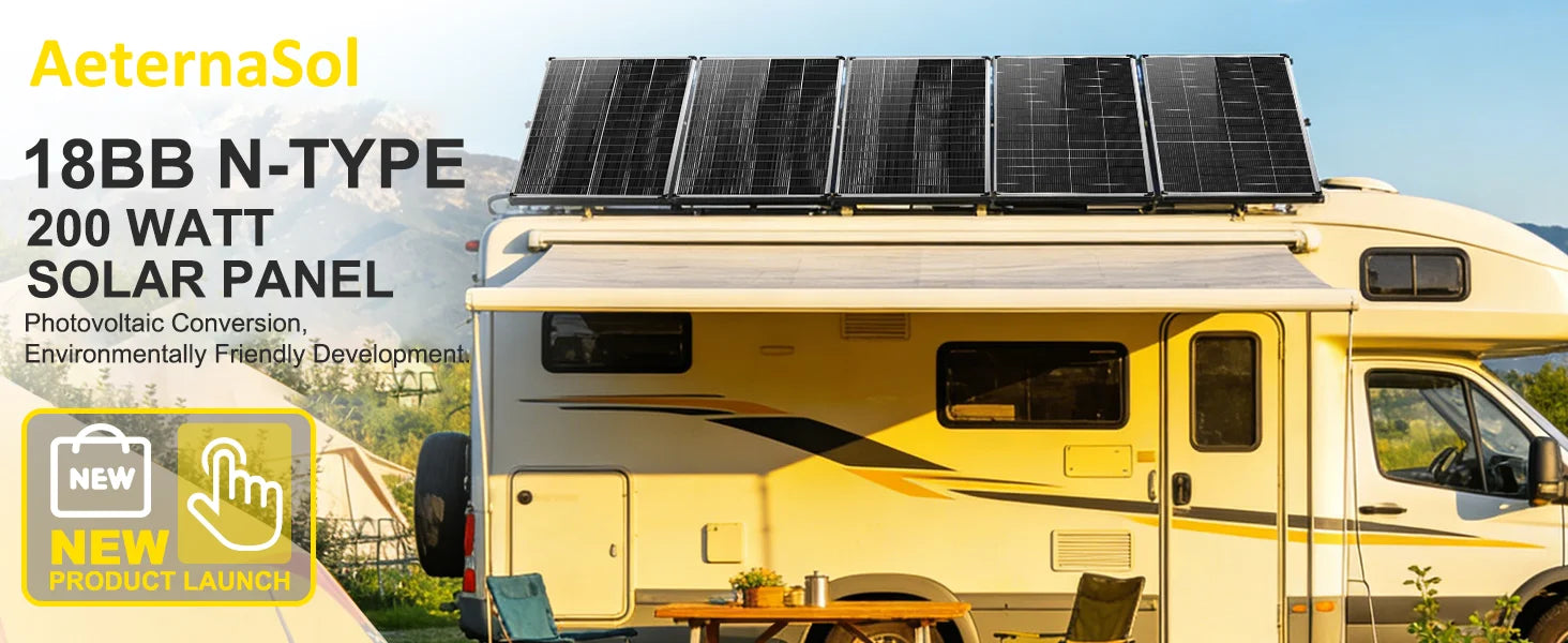 AeternaSol 400W/200W Watt 25% High-Efficiency PV Power for Home Rooftop 18B N-Type Solar Panel 12V Monocrystalline Solar Panel 18BB Cells High Efficiency Module RV Marine Boat Caravan Off Grid Monocrystalline Solar Panels Cha