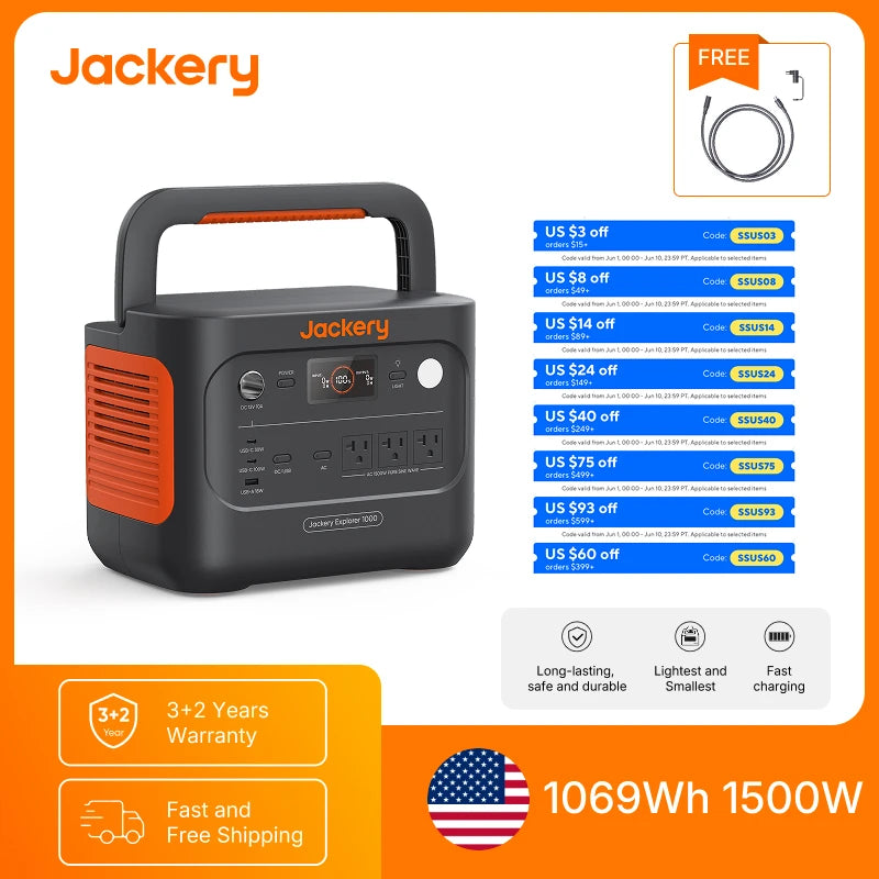 Jackery Explorer 1000 v2 Portable Power Station and  5M Extentsion Cord, Solar Compatible for Camping, RV, Emergencies