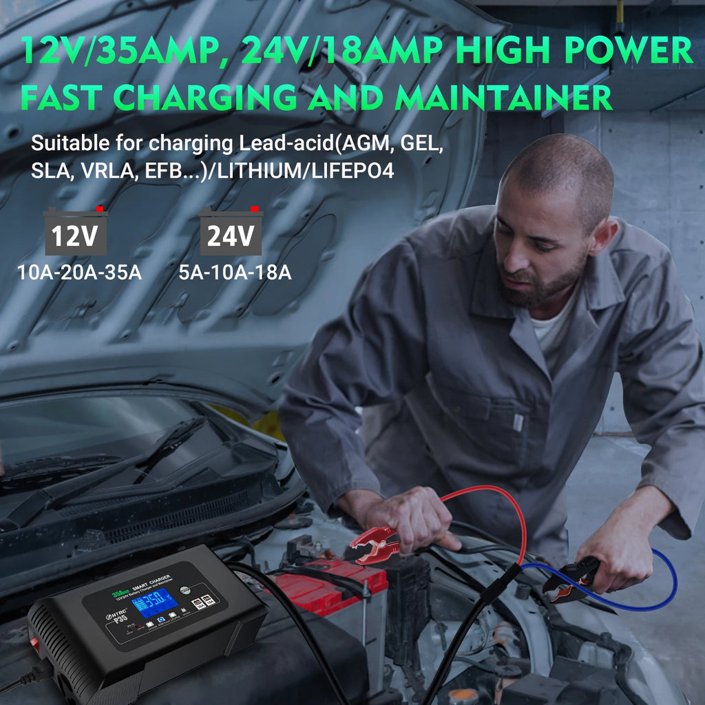 HTRC Large Power 35A 12V 24V Car Battery Charger for Auto Moto Truck Motorcycle AGM Lead Acid PB GEL LCD Display Smart Charging