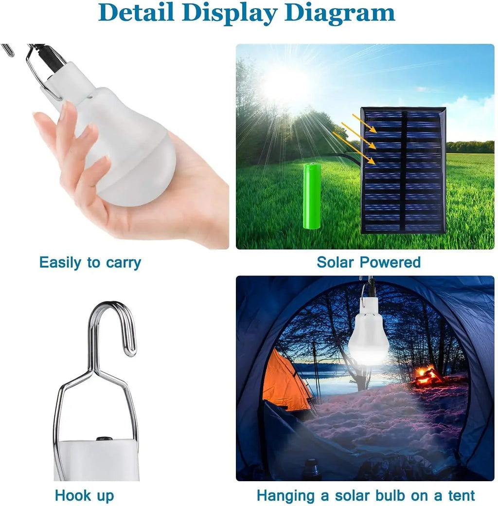LED Solar Bulb Light Waterproof Outdoor 5V USB Charged Hanging Emergency Sunlight Powered Lamp Portable Powerful Indoor House