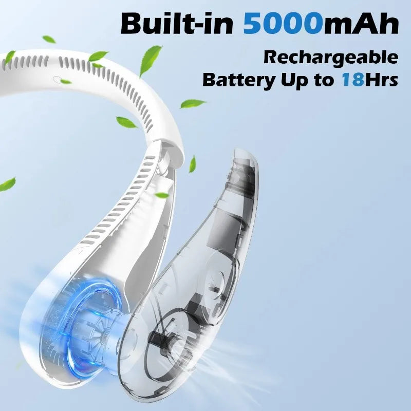 USB Rechargeable 5000mAh Foldable Bladeless Neck Fan 3 Speeds 360° Cooling Wearable Hand-free Neck Fan for Travel Office School