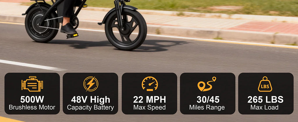 14'' Foldable Electric Bike 500W Motor 48V Battery 22MPH Max Speed 30Miles Long Range with Two Seats for Adult Mini E Bike