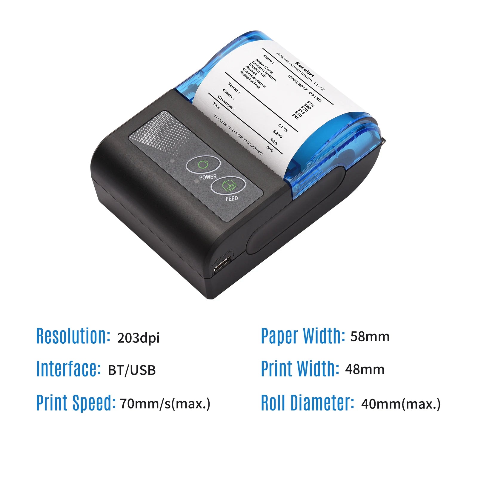 Bisofice Portable Mini Thermal Printer 2 Inch Wireless USB Receipt Bill Ticket Printer with 58mm Print Paper  for Restaurant