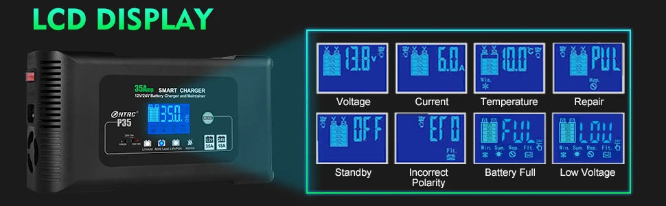 HTRC Large Power 35A 12V 24V Car Battery Charger for Auto Moto Truck Motorcycle AGM Lead Acid PB GEL LCD Display Smart Charging