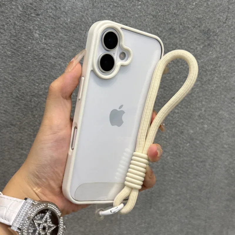 Candy Color Bumper With Lanyard Phone Case For iPhone 17 16 15 14 13 12 11 Pro Max Plus Clear Acrylic Shockproof Cover