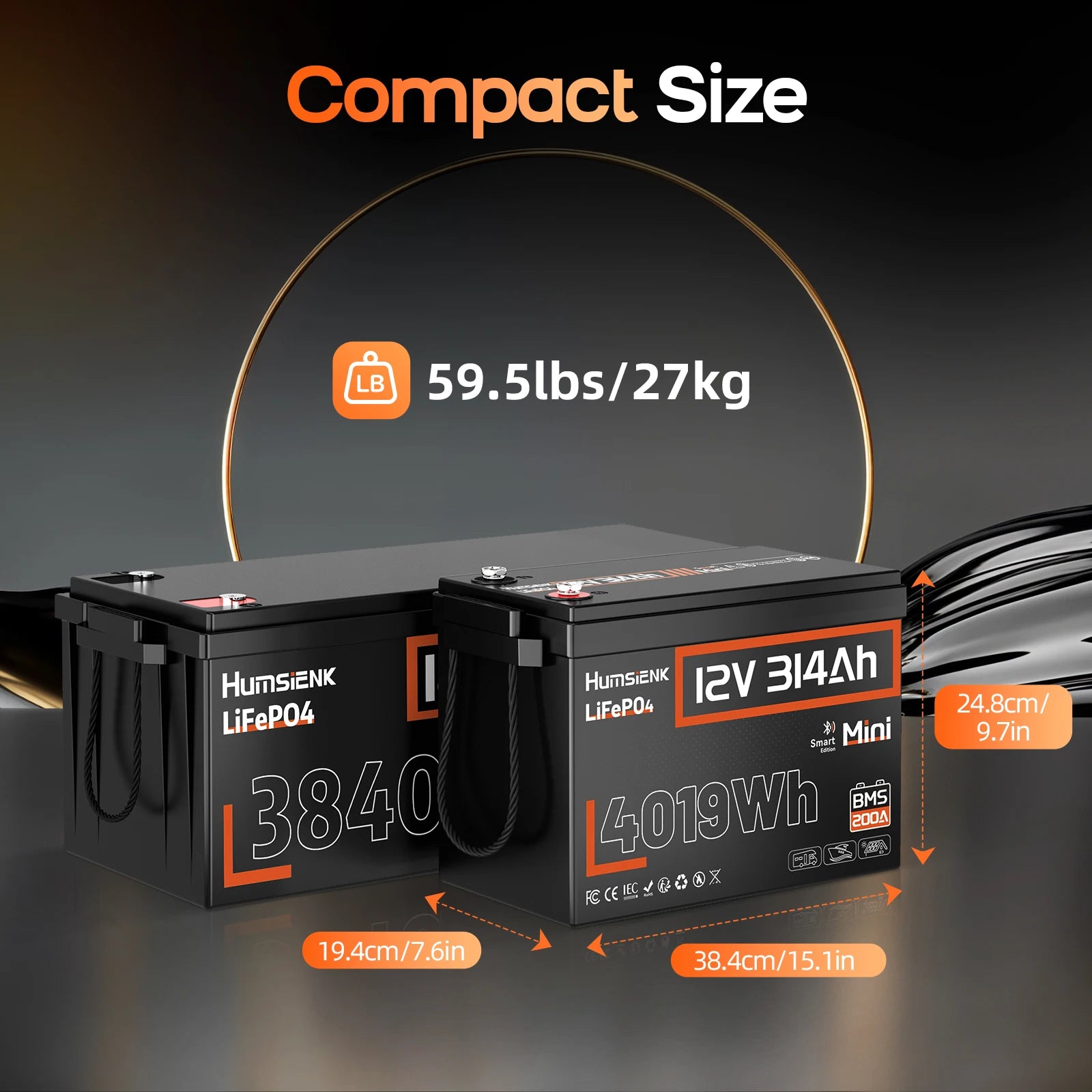 Humsienk 12V 314Ah LiFePO4 Battery, Capacity 4019Wh, Size MINI, Built-in Bluetooth & 200A BMS, 15000+ Deep Cycle, Low-Temp Protection For Fishing, Portable Power Station, Golf Cart, Boat, Marine, Off-Grid, Solar, 5-Year Warra