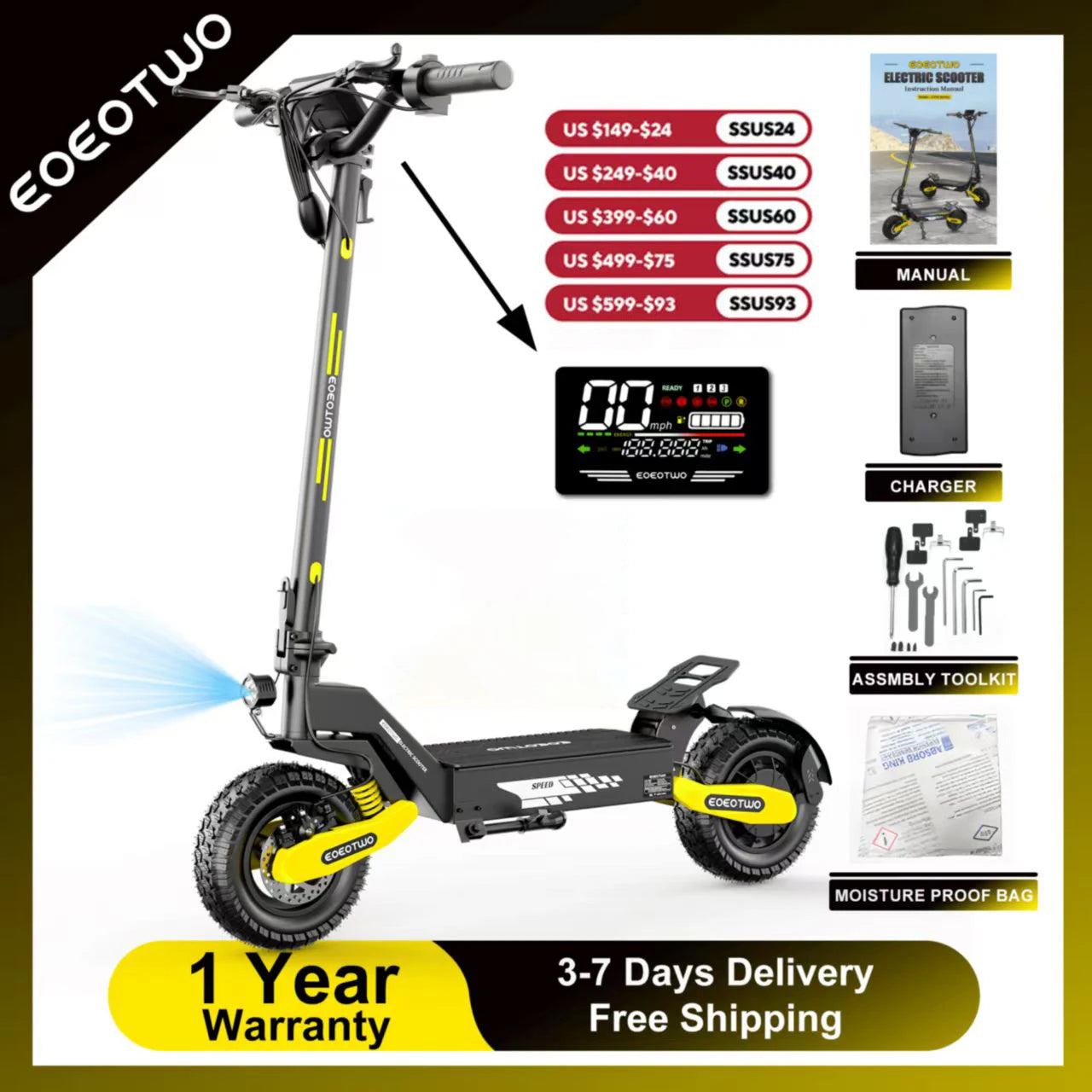 EOEOTWO 1200W Off Road Electric Scooter for Adults 48V Long Range E-Scooter 30MPH Fast Speed 11" Tubeless Tire Foldable Kick Scooter