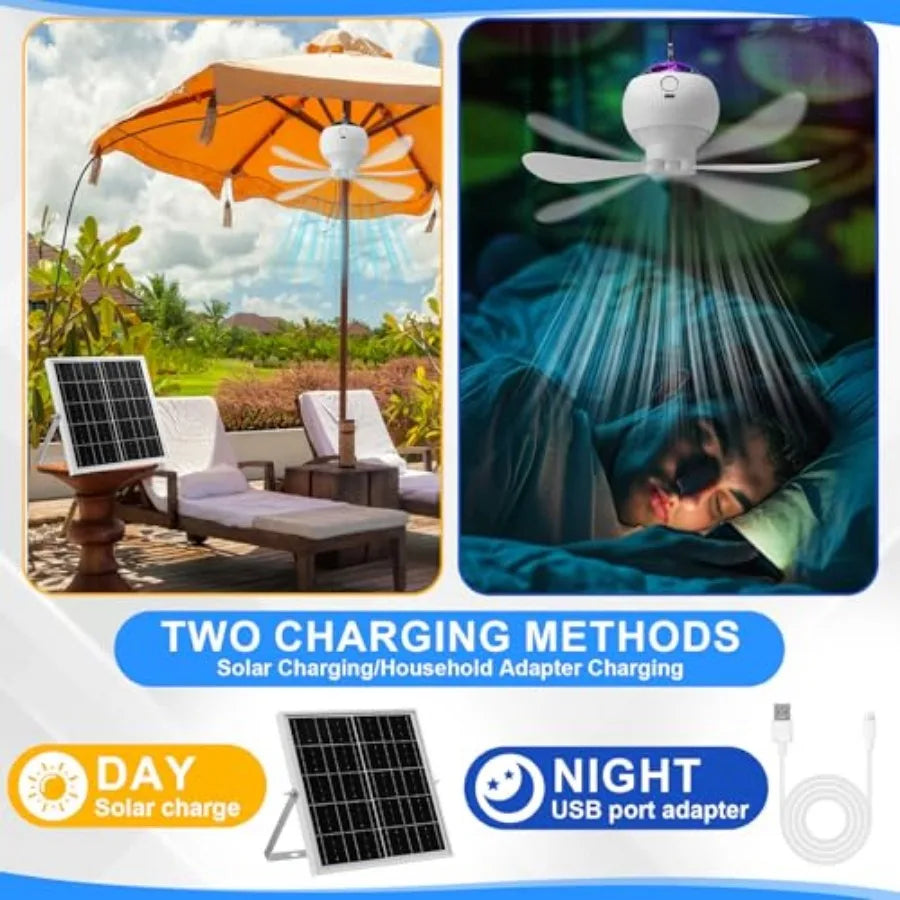 Set Solar Powered Ceiling Fan with Light for Camping Rechargeable 0'' Small USB Portable Hanging Fan with Star Projection 0w So
