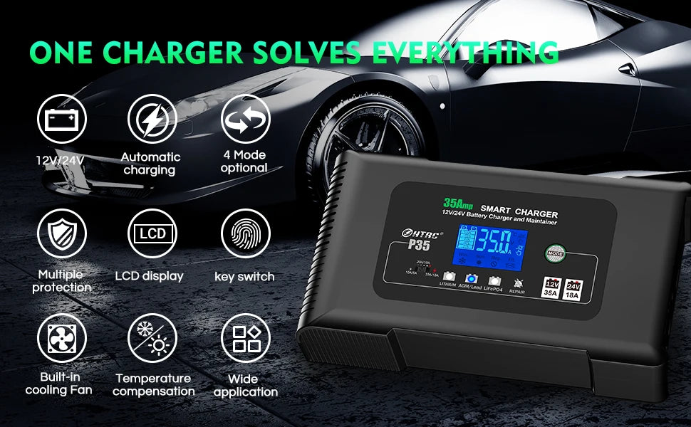 HTRC Large Power 35A 12V 24V Car Battery Charger for Auto Moto Truck Motorcycle AGM Lead Acid PB GEL LCD Display Smart Charging