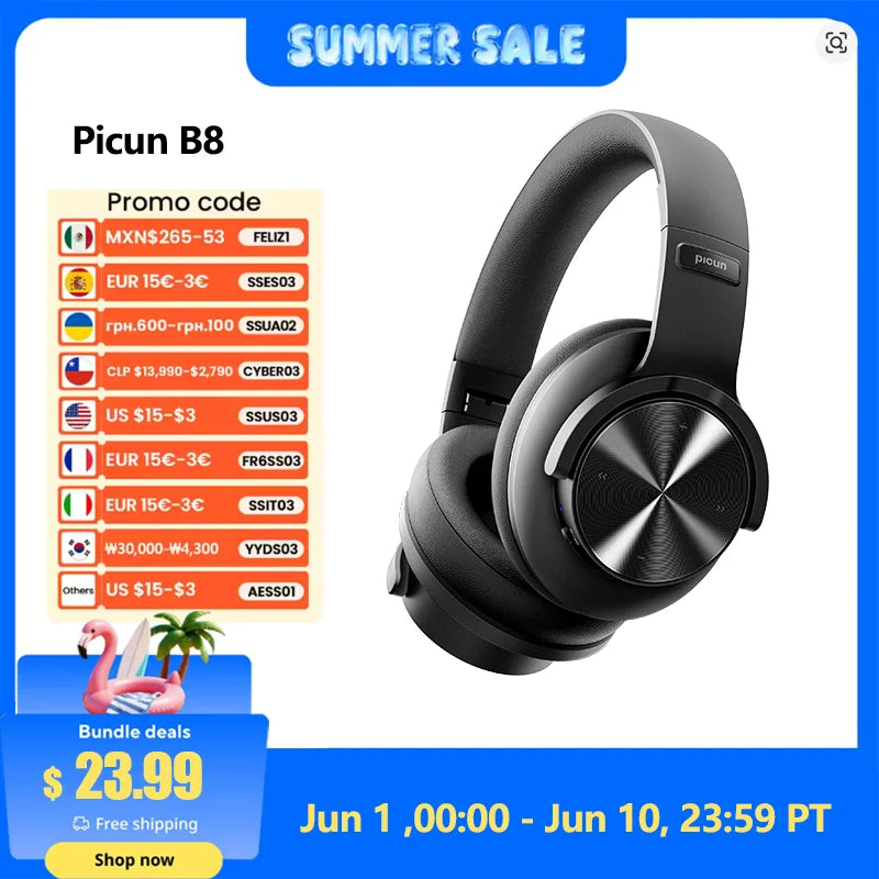 Picun B8 Bluetooth Headphones 120H Playtime Headset Wireless Bluetooth 3EQ Mode Low Latency Hands-Free Calls Over Ear Headphones