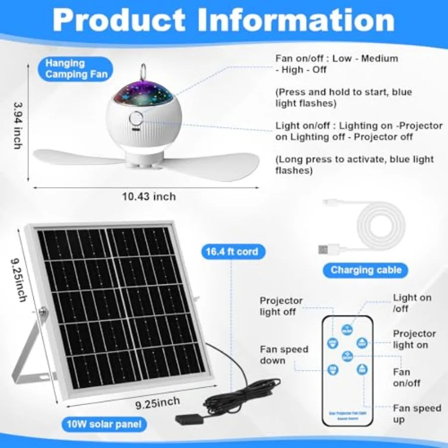 Set Solar Powered Ceiling Fan with Light for Camping Rechargeable 0'' Small USB Portable Hanging Fan with Star Projection 0w So