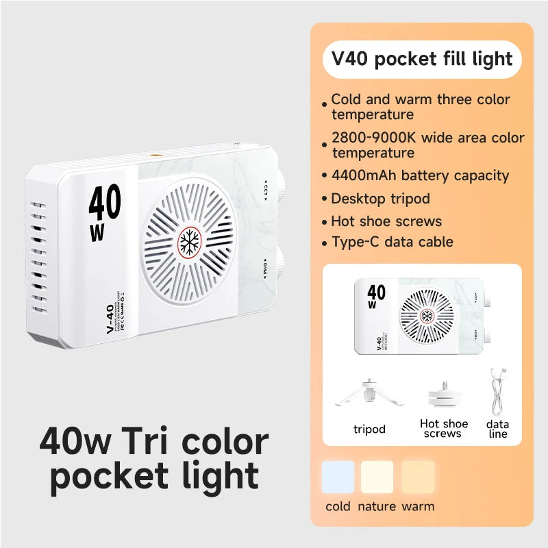 Portable 40W LED Camera Light 2800K-9000K Handheld Filling Light 4400mAh Rechargeable Pocket Photography Lighting Lamp