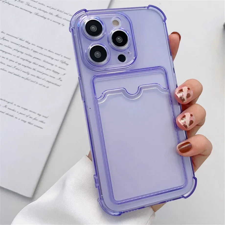 Transparent Card Wallet Slot Bag Holder Case For iPhone 16 15 14 13 12 11 Pro Max Mini X XR 7 8 Plus Clear Shockproof Soft Cover
