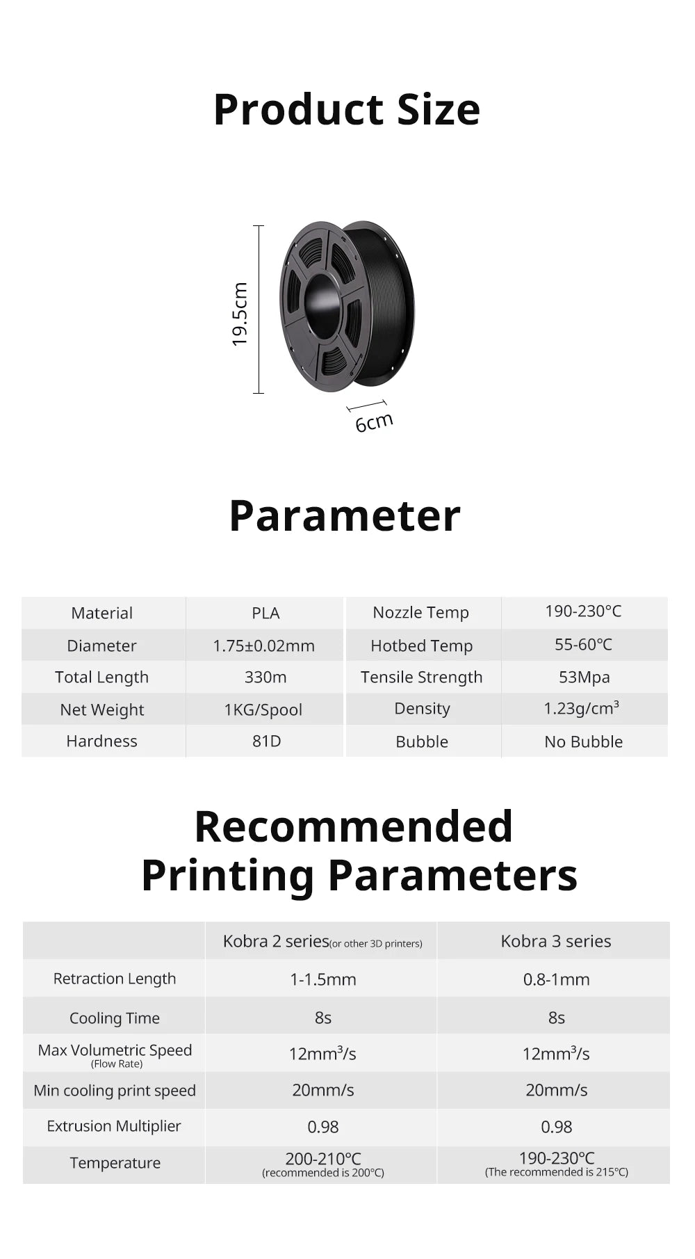 10Kg/lot ANYCUBIC 1.75mm Plastic PLA Filament For FDM 3D Printer Consumables 3D Printing Material For Kobra 2 Neo Max