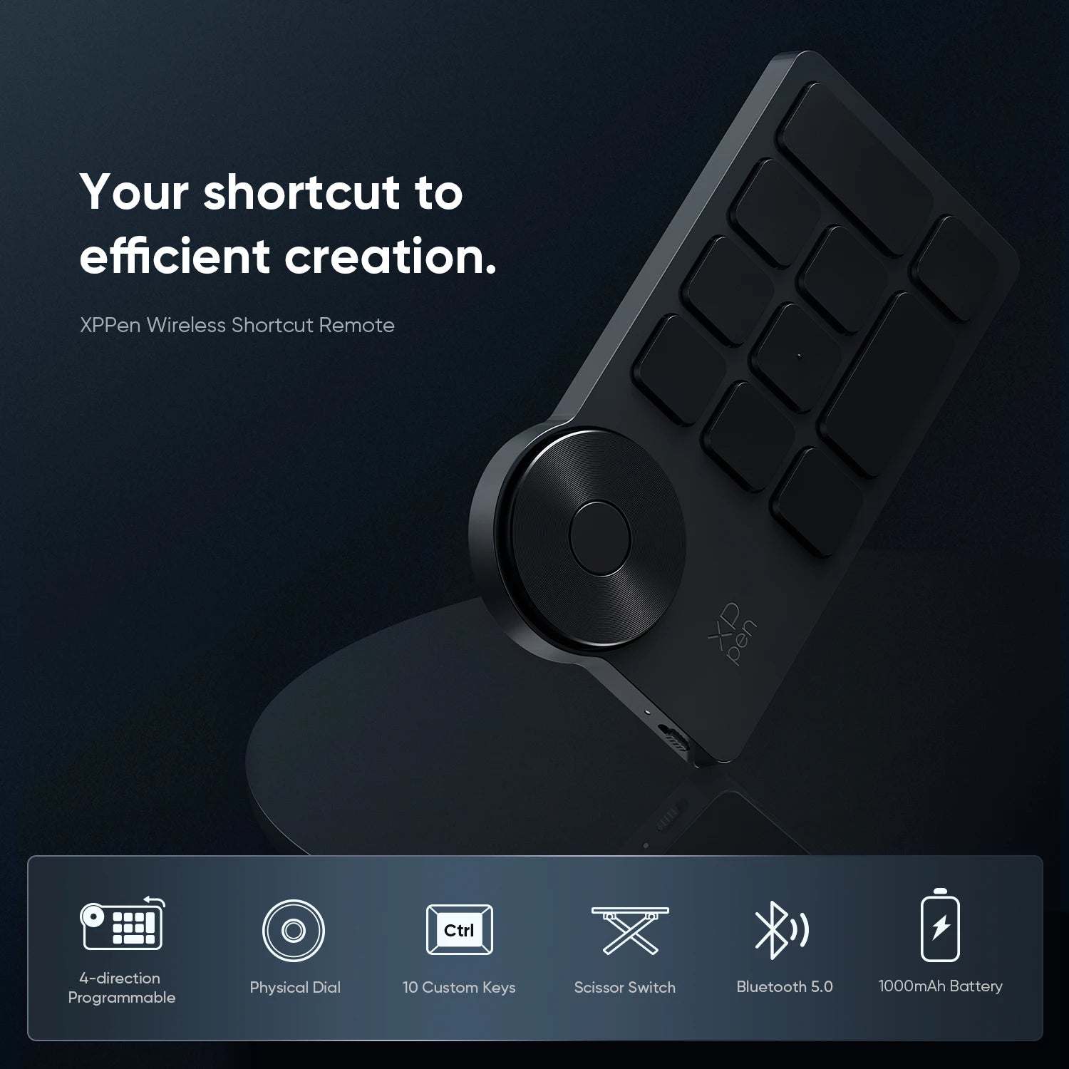XPPen ACK05 Portable Wireless Shortcut Remote with 10 Custom Keys 1 Physical Dial 1000mAh Battery Support Bluetooth Connection