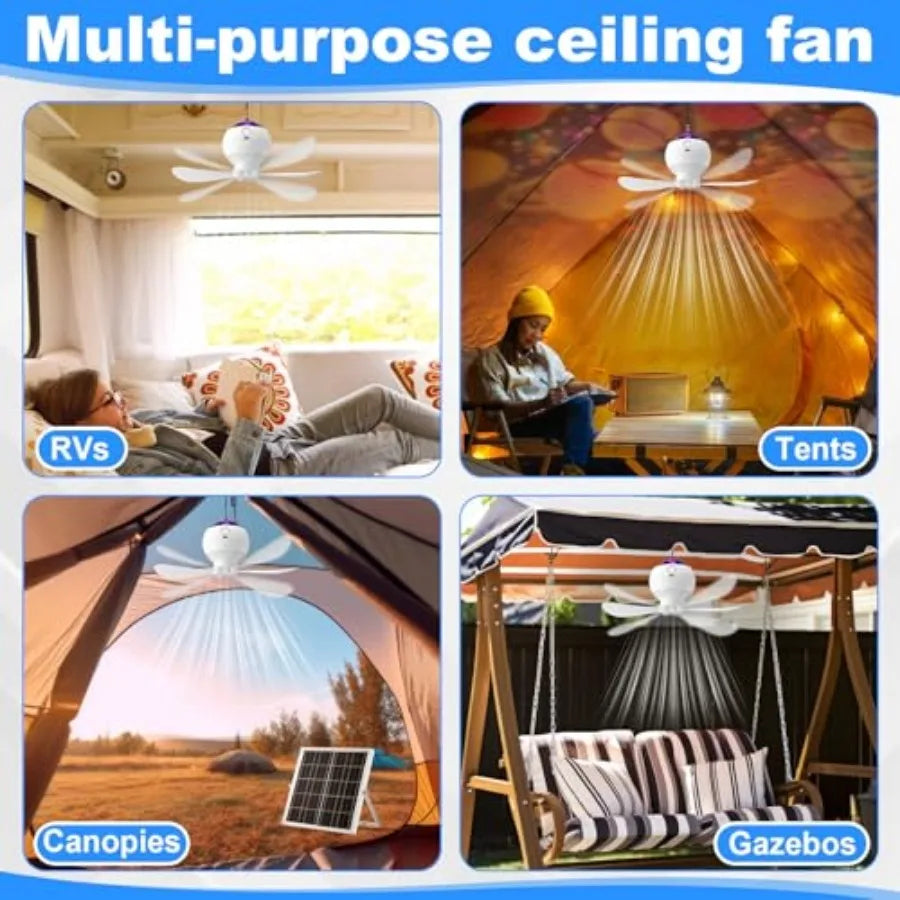 Set Solar Powered Ceiling Fan with Light for Camping Rechargeable 0'' Small USB Portable Hanging Fan with Star Projection 0w So