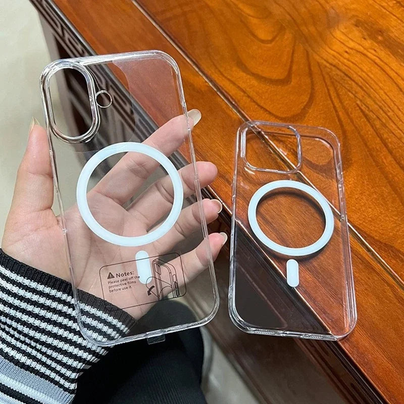Fashion Anti-Yellow Crystal Clear Phone Case For iPhone 16 15 14 13 12 Pro Max Case for Magsafe Wireless Charging Acrylic Cover