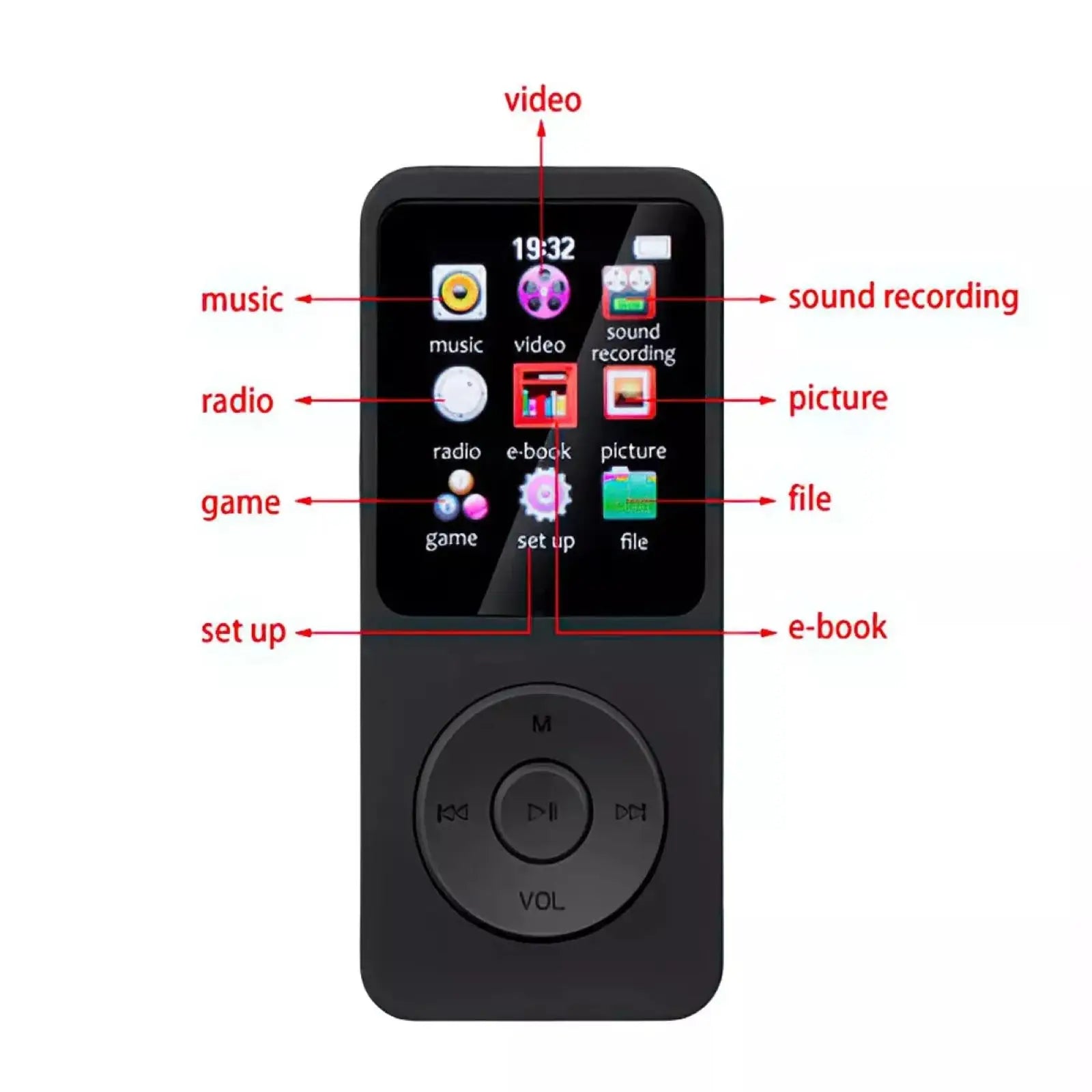 Wireless BT Bluetooth 5.0 MP4 MP3 Player Built-in Lithium Battery HiFi Lossless Sound HD Screen Display Voice Recorder