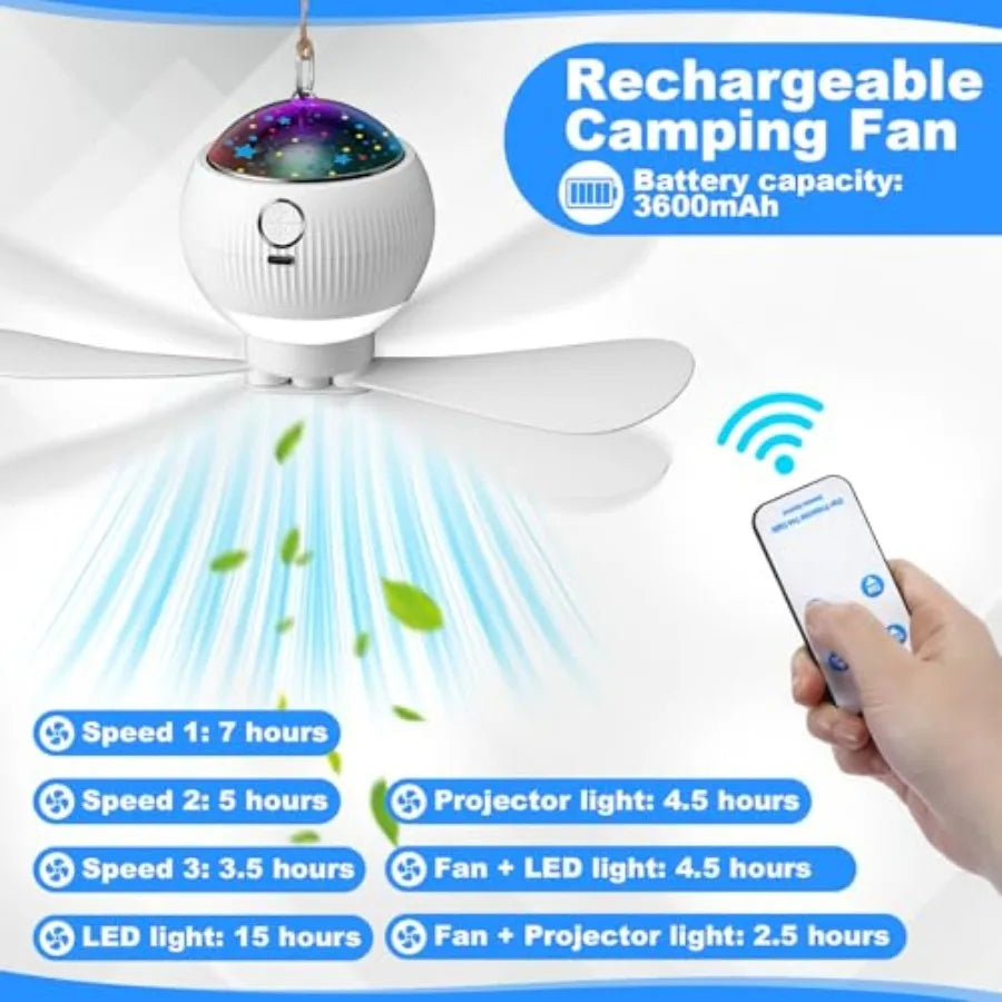Set Solar Powered Ceiling Fan with Light for Camping Rechargeable 0'' Small USB Portable Hanging Fan with Star Projection 0w So