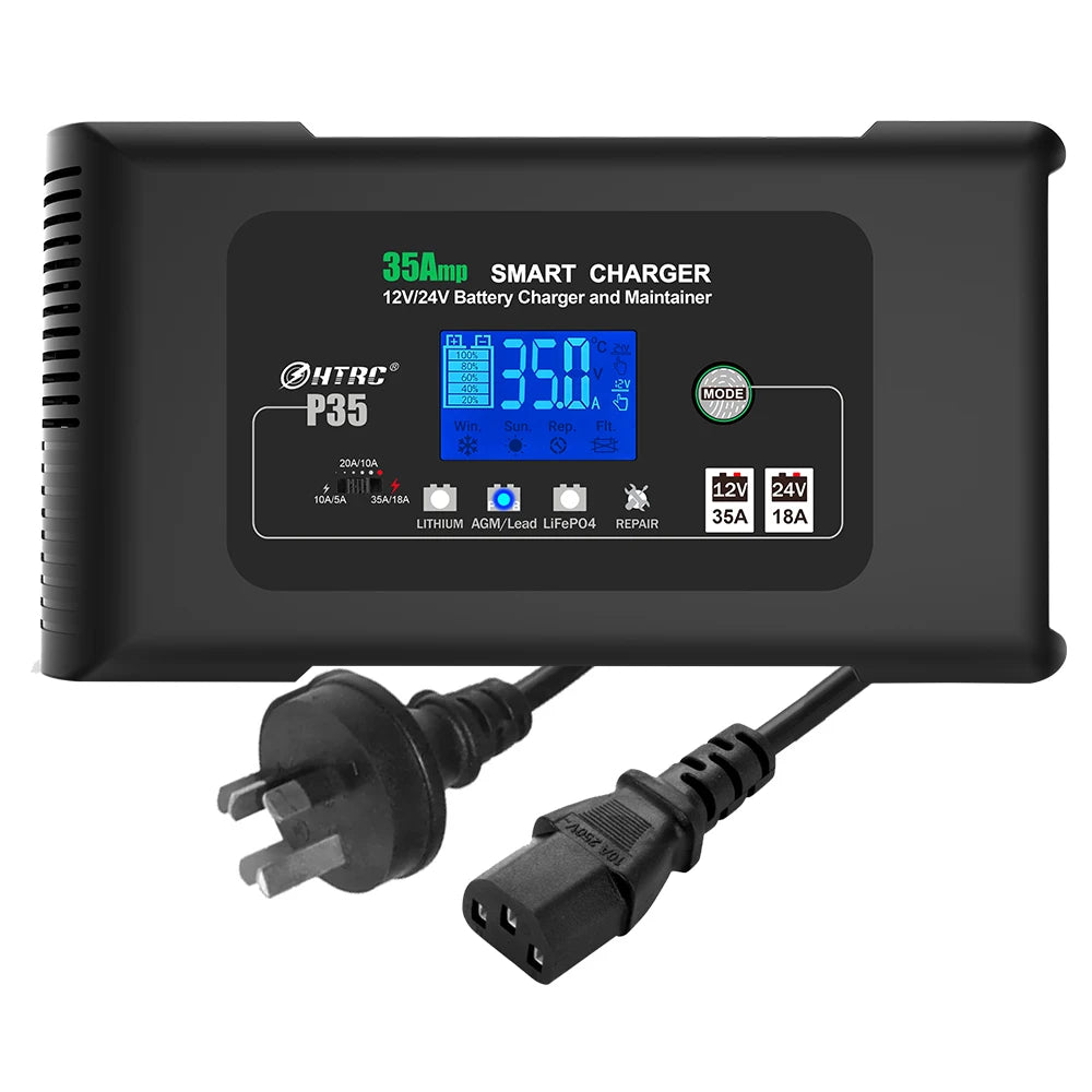 HTRC Large Power 35A 12V 24V Car Battery Charger for Auto Moto Truck Motorcycle AGM Lead Acid PB GEL LCD Display Smart Charging