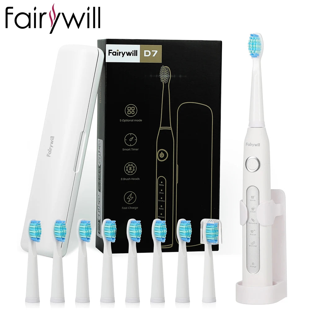 Fairywill Electric Sonic Toothbrush FW-D7 USB Charge Rechargeable Adult Waterproof Electronic Tooth Brushes Replacement Heads 8