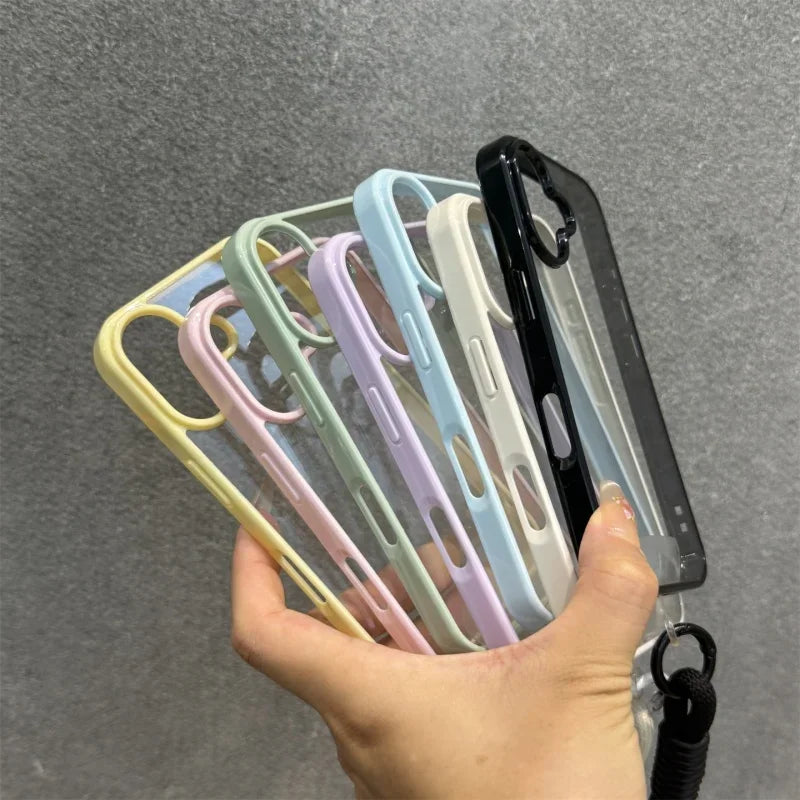 Candy Color Bumper With Lanyard Phone Case For iPhone 17 16 15 14 13 12 11 Pro Max Plus Clear Acrylic Shockproof Cover