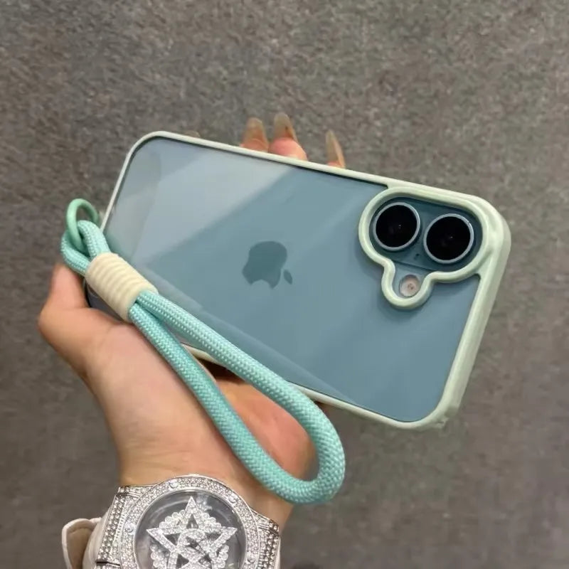Candy Color Bumper With Lanyard Phone Case For iPhone 17 16 15 14 13 12 11 Pro Max Plus Clear Acrylic Shockproof Cover