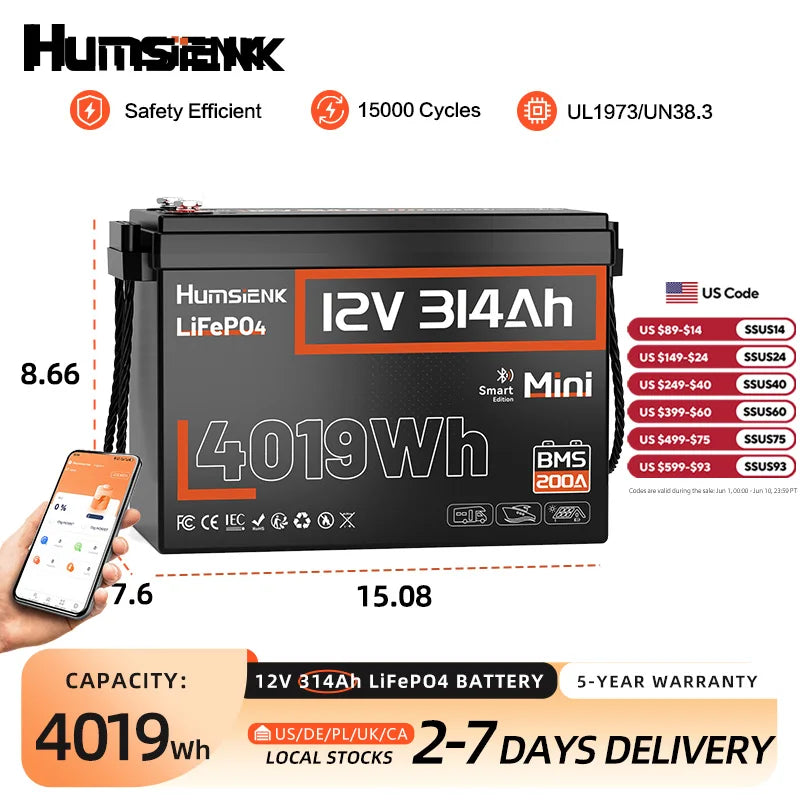 Humsienk 12V 314Ah LiFePO4 Battery, Capacity 4019Wh, Size MINI, Built-in Bluetooth & 200A BMS, 15000+ Deep Cycle, Low-Temp Protection For Fishing, Portable Power Station, Golf Cart, Boat, Marine, Off-Grid, Solar, 5-Year Warra