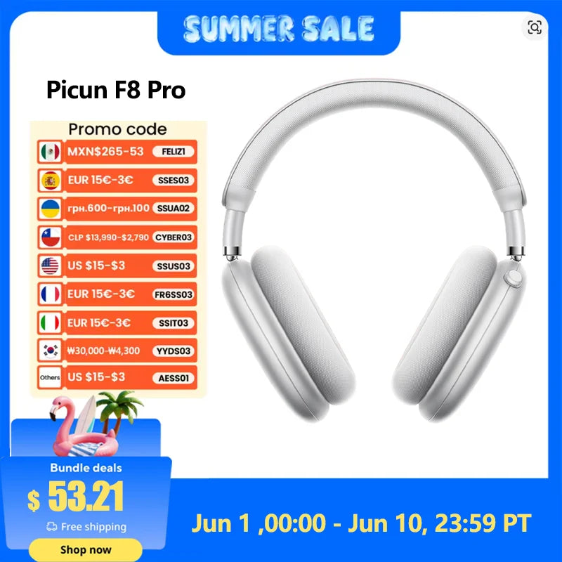 Picun F8 Pro ANC Wireless Headphones Head Tracking 3D Spatial Audio -52dB ANC HIFI Bluetooth Headset ENC HD Mic Low-Latency APP