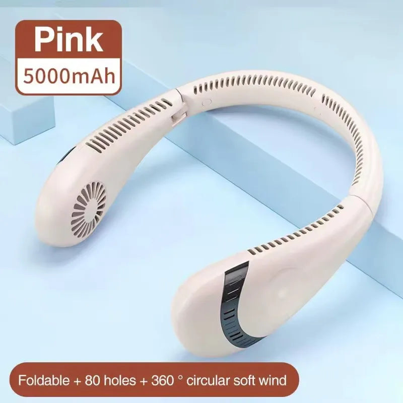 USB Rechargeable 5000mAh Foldable Bladeless Neck Fan 3 Speeds 360° Cooling Wearable Hand-free Neck Fan for Travel Office School