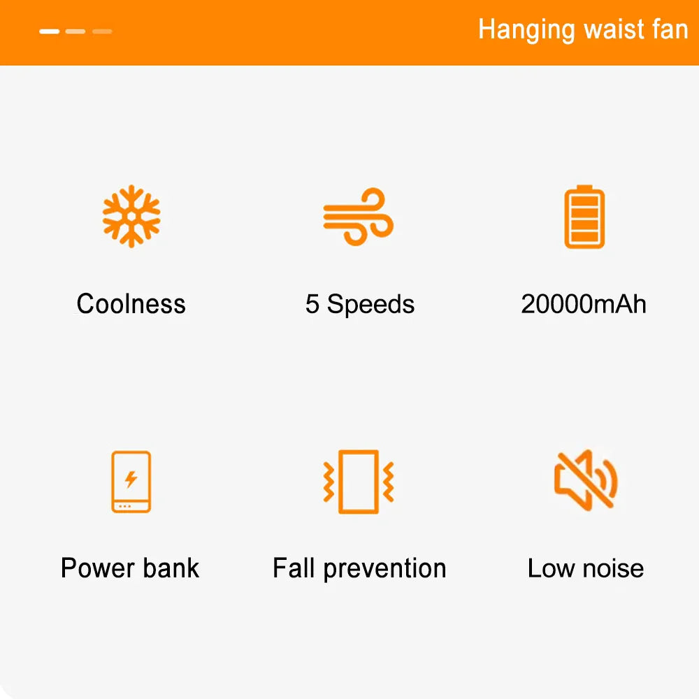 Waist Fan 20000mAh Portable Hanging Neck Fan Rechargeable Waist Clip Fan with Power Bank Dual Airflow Outlet Outdoor Waist Fan