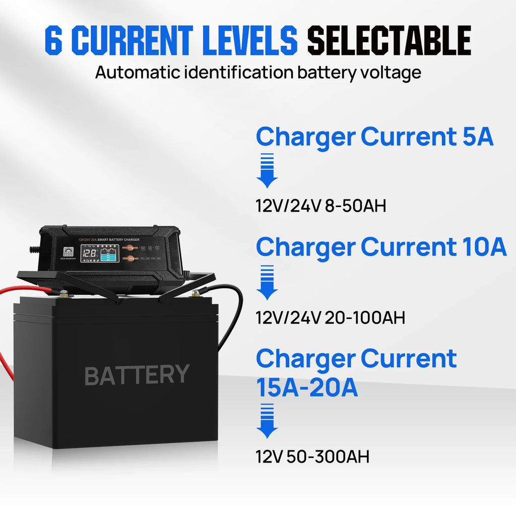 ECO-Worthy 12V/24V 20A Smart Battery Charger Maintainer, Auto Voltage Detect for LiFePO4 Lead-Acid with Multi-Current Options 5A