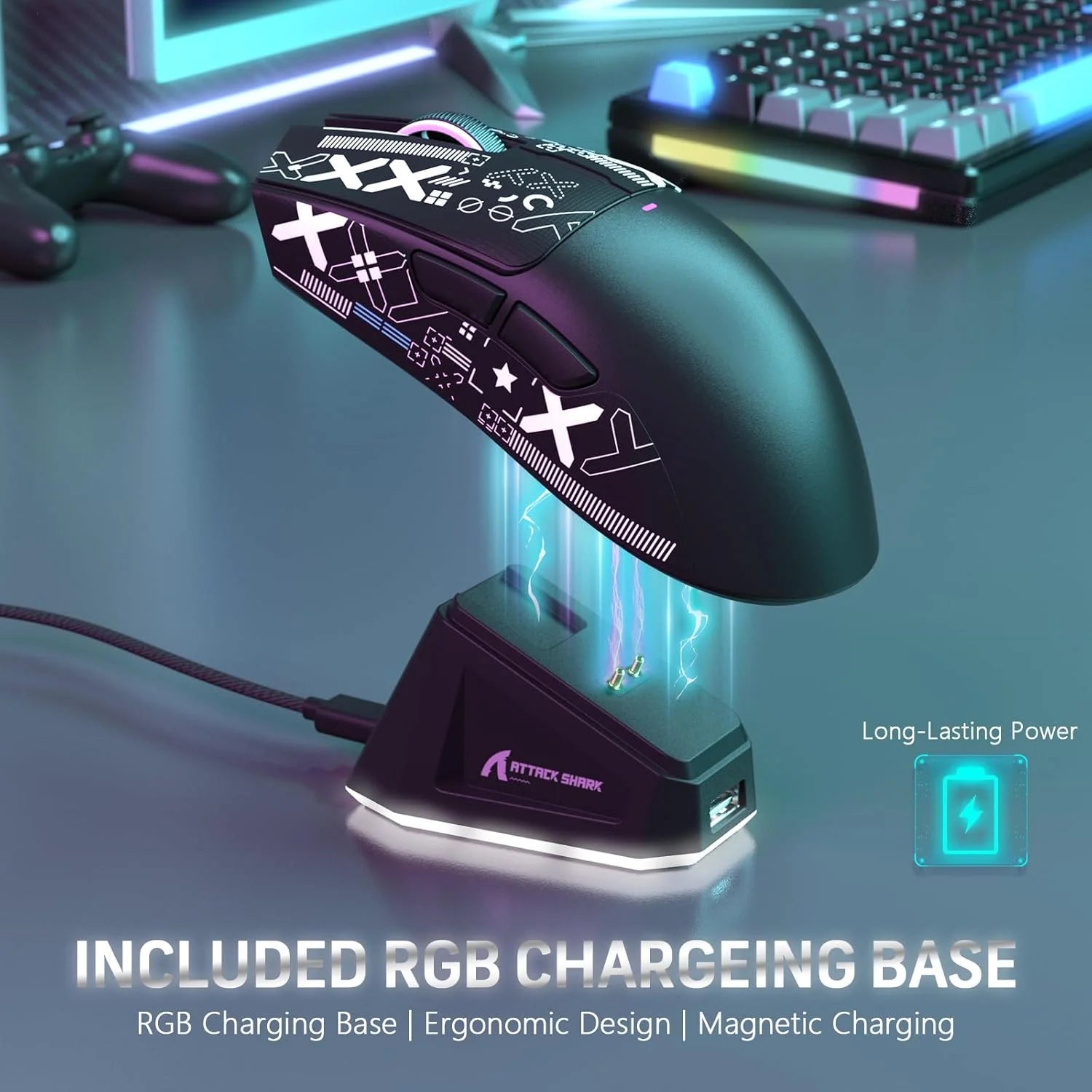 ATTACK SHARK X11 Wireless Gaming Mouse with RGB Magnetic Charging Dock, Wired/2.4G/BT, 22K DPI,Ultralight 59g Tri-Mode with Tape