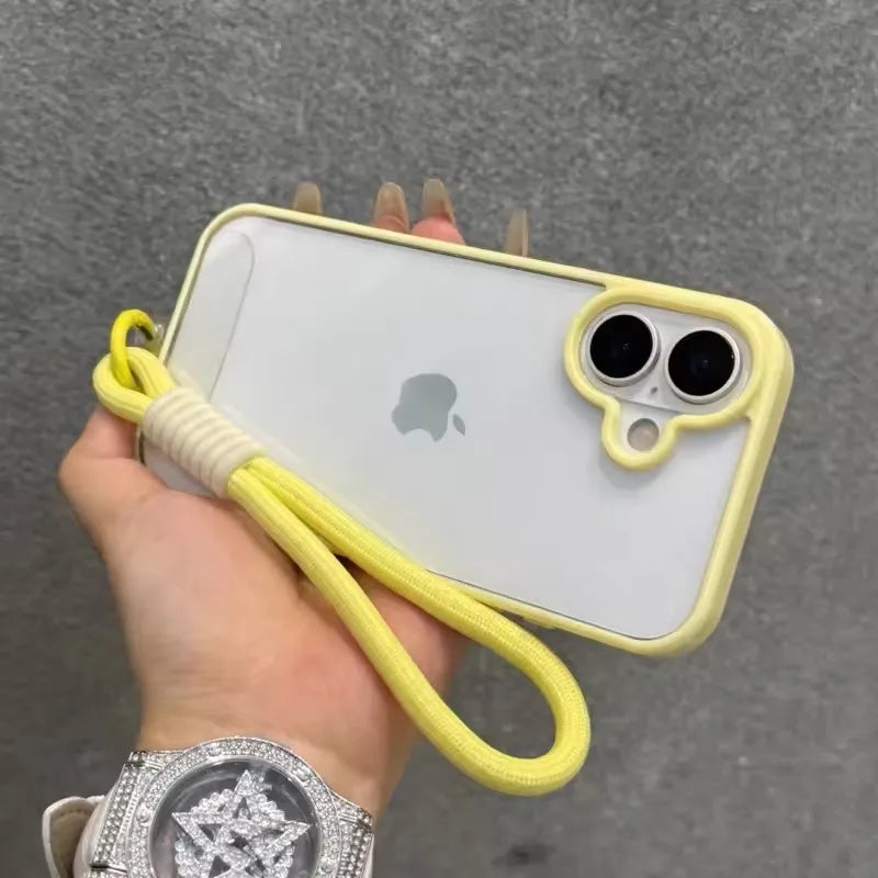 Candy Color Bumper With Lanyard Phone Case For iPhone 17 16 15 14 13 12 11 Pro Max Plus Clear Acrylic Shockproof Cover