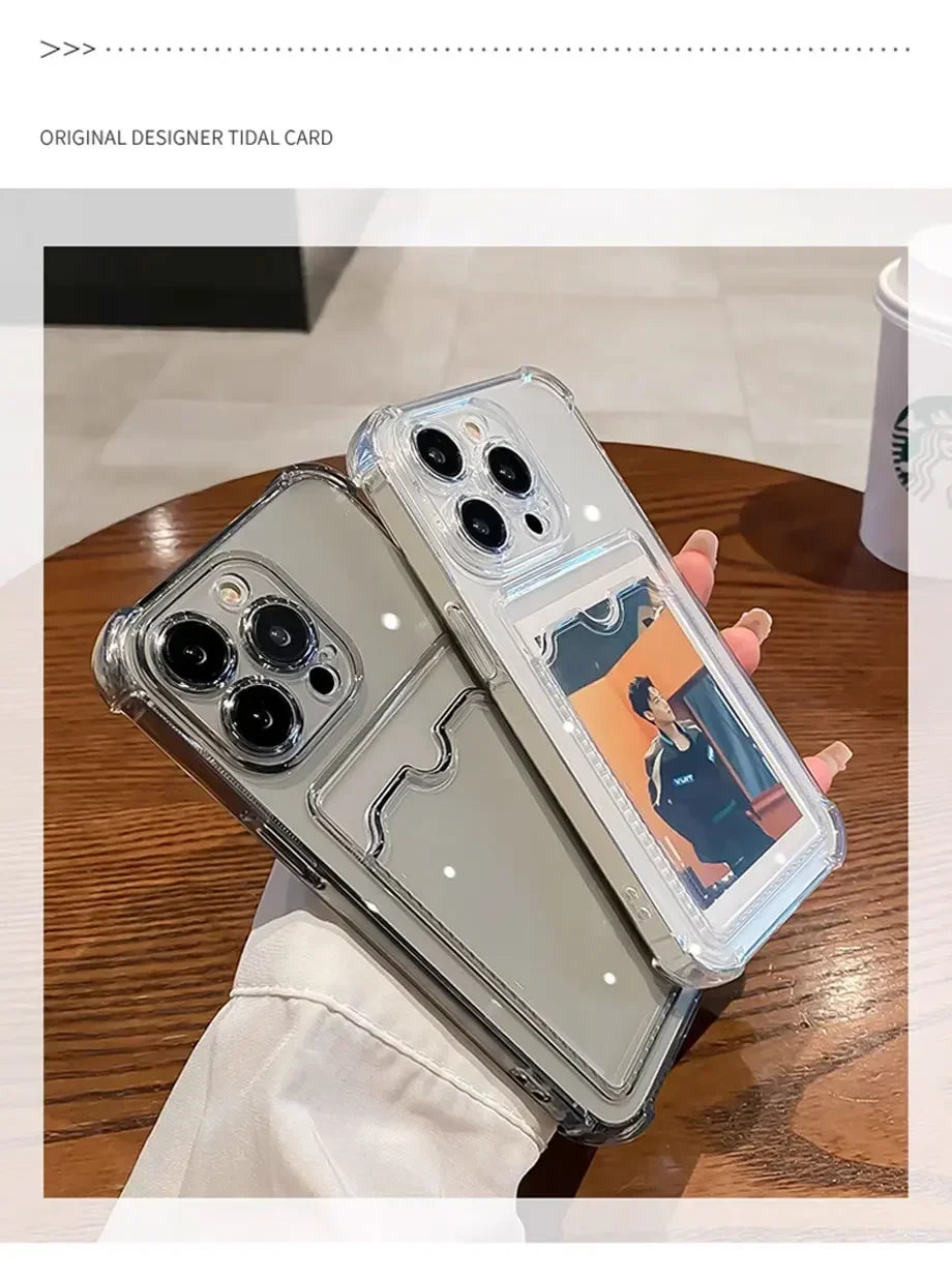 Transparent Card Wallet Slot Bag Holder Case For iPhone 16 15 14 13 12 11 Pro Max Mini X XR 7 8 Plus Clear Shockproof Soft Cover