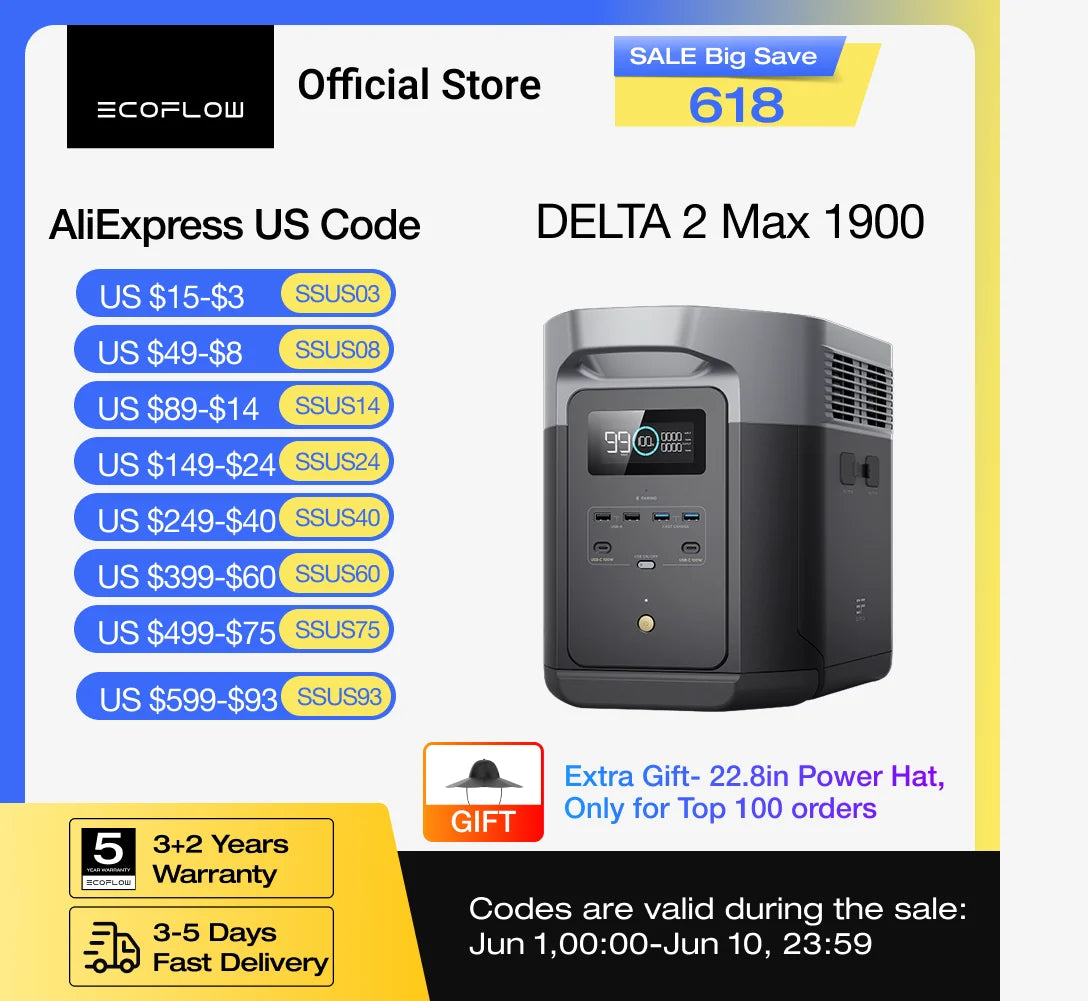 ECOFLOW Portable Power Station DELTA 2 Max 1900, 1900Wh Solar Powered Generator, 2400W LFP Solar Generator, Full Charge in 1 Hr