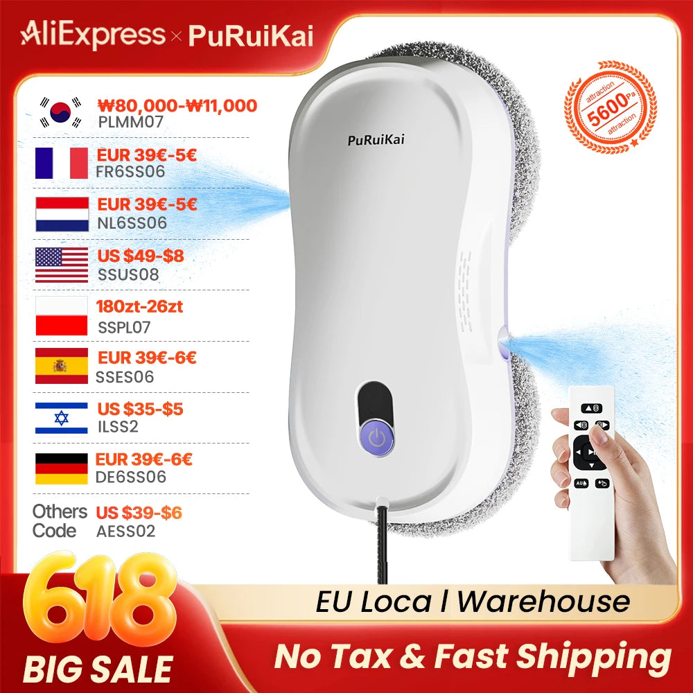 PuRuiKai  Window Cleaning Robot Automatic with Auto Dual Spray 5600Pa Suction Remote Control Edge Detection for Home