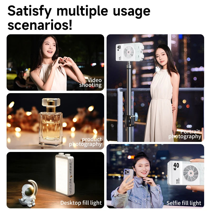 Portable 40W LED Camera Light 2800K-9000K Handheld Filling Light 4400mAh Rechargeable Pocket Photography Lighting Lamp